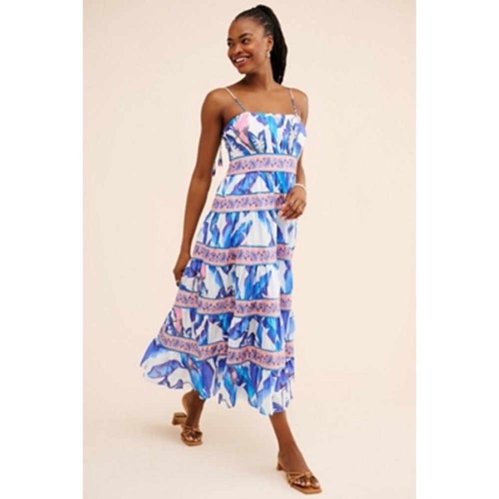 Farm Rio Blue Tropical Leaf Tiered Cotton Midi Dress XS‎ Smocked back